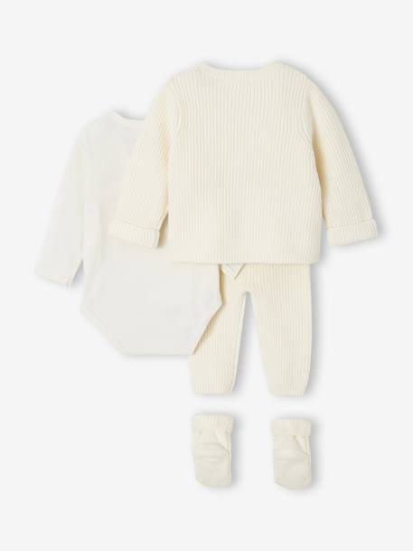 Babypakje 4-delige set in effen tricot vestje + broek + sloffen + body ecru - vertbaudet enfant 