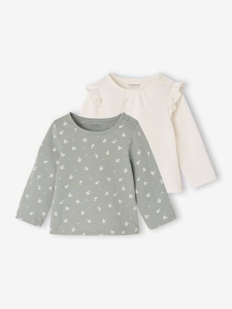Set van 2 T-shirts baby Basics met lange mouwen hazelnoot+saliegroen - vertbaudet enfant 