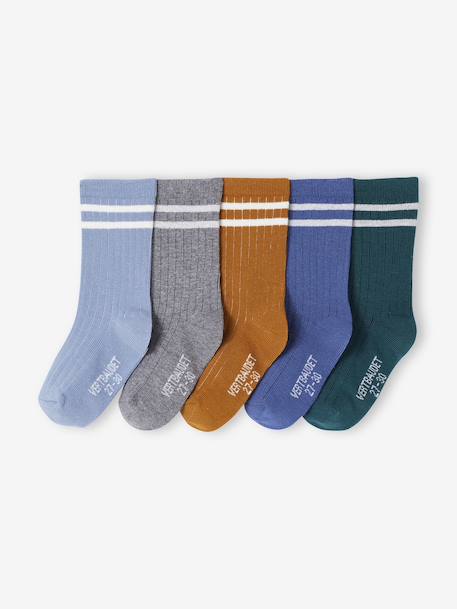Lot de 5 paires de chaussettes côtelées rayées garçon bleu ciel+bleu grisé+marine - vertbaudet enfant 