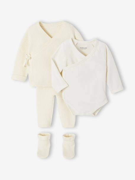 Babypakje 4-delige set in effen tricot vestje + broek + sloffen + body ecru - vertbaudet enfant 