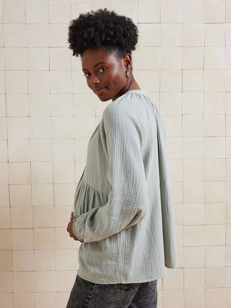 Blouse voor zwangerschap en borstvoeding van biologisch katoenen gaas* rozenhout+saliegroen - vertbaudet enfant 