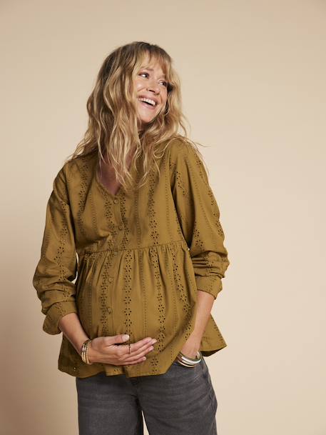 Blouse voor zwangerschap en borstvoeding in Engels borduurwerk ENVIE DE FRAISE olijf - vertbaudet enfant 