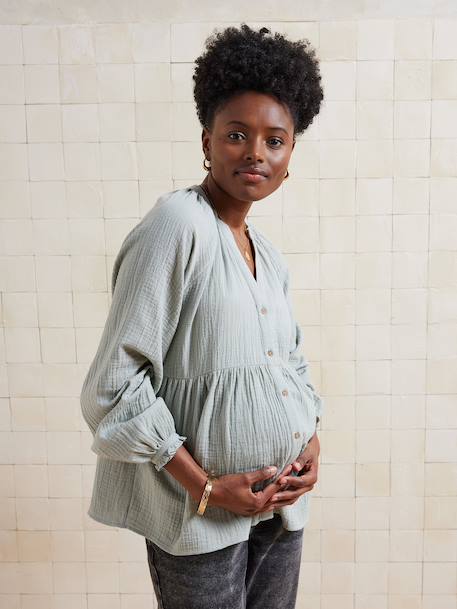 Blouse voor zwangerschap en borstvoeding van biologisch katoenen gaas* rozenhout+saliegroen - vertbaudet enfant 