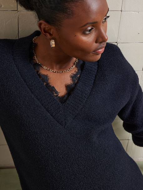 Pull col V grossesse maille mousseuse et dentelle noir - vertbaudet enfant 