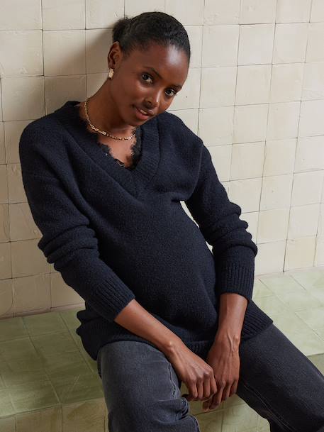 Pull col V grossesse maille mousseuse et dentelle noir - vertbaudet enfant 