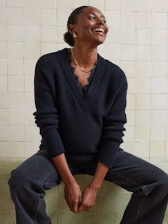 Vêtements de grossesse-Pull col V grossesse maille mousseuse et dentelle