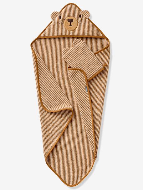 Cape de bain et gant de toilette PETIT OURS, avec coton recylé rayé beige - vertbaudet enfant 