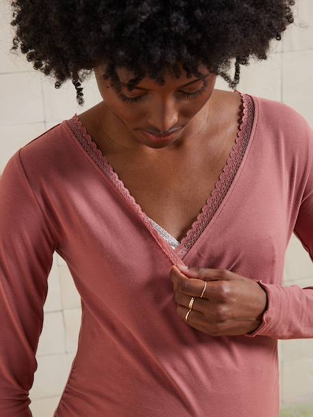 Set van 2-delige pyjama voor zwangerschap en borstvoeding van biologisch katoen* oudroze - vertbaudet enfant 