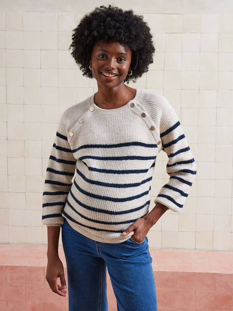 Pull style marinière grossesse et allaitement ouvertures raglan beige chiné+marine - vertbaudet enfant 