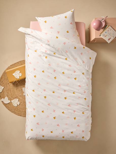 Parure housse de couette et taie d'oreiller HIRONDELLES, avec coton recyclé blanc imprimé - vertbaudet enfant 