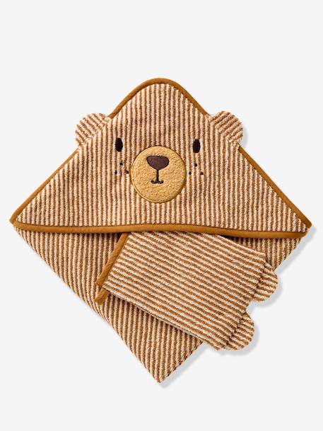 Cape de bain et gant de toilette PETIT OURS, avec coton recylé rayé beige - vertbaudet enfant 