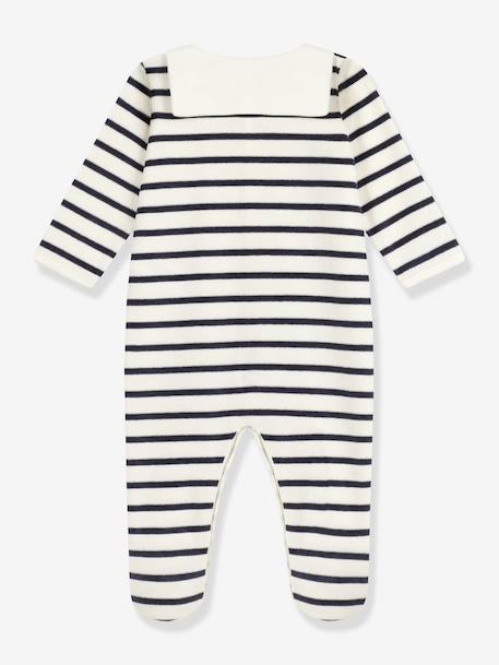 Gemengde baby pyjama in fluweel / velours met PETIT BATEAU streepjesprint marineblauw - vertbaudet enfant 