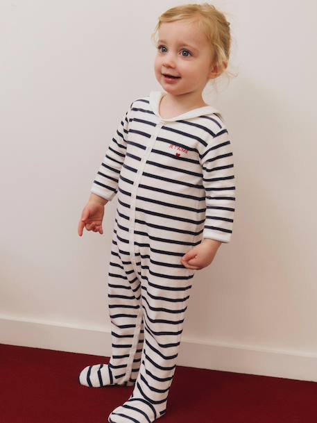 Gemengde baby pyjama in fluweel / velours met PETIT BATEAU streepjesprint marineblauw - vertbaudet enfant 
