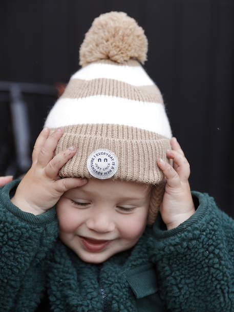 Ensemble rayé bonnet péruvien, snood et moufles bébé rayé beige - vertbaudet enfant 