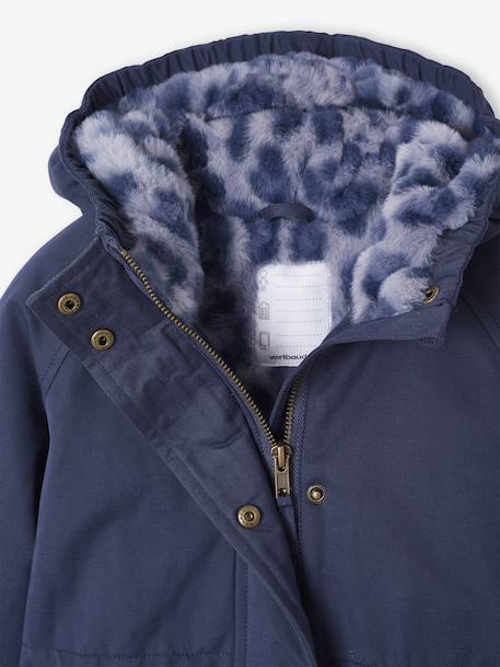 Meisjesparka met capuchon gevoerd met imitatiebont kameel+marineblauw+rozenhout+zwart - vertbaudet enfant 