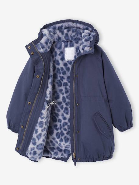 Meisjesparka met capuchon gevoerd met imitatiebont kameel+marineblauw+rozenhout+zwart - vertbaudet enfant 