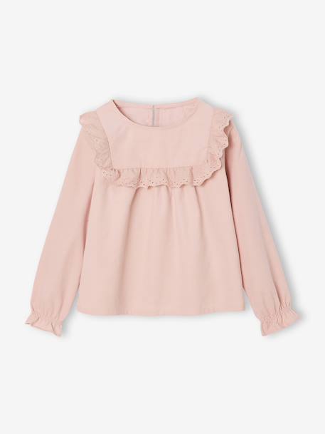 Blouse fille velours à volants détails broderie anglaise rose poudré+vert de gris - vertbaudet enfant 