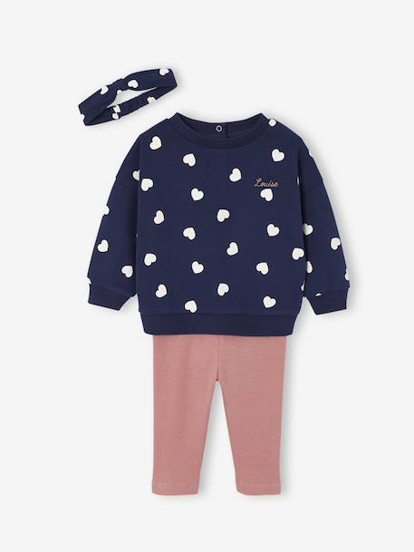 Ensemble bébé fille 3 pièces sweat + legging + bandeau personnalisable beige poudré+marine - vertbaudet enfant 