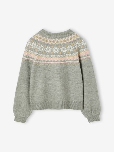 Jacquard meisjesvest met fantasiebreiwerk van glimmende draad ecru+groengrijs - vertbaudet enfant 