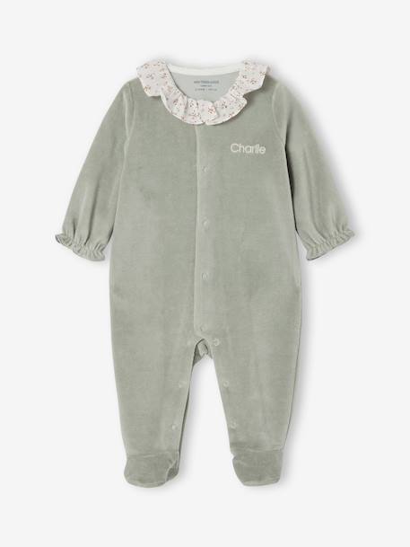 Pyjama bébé fille velours collerette imprimée personnalisable rose poudré+vert sauge - vertbaudet enfant 