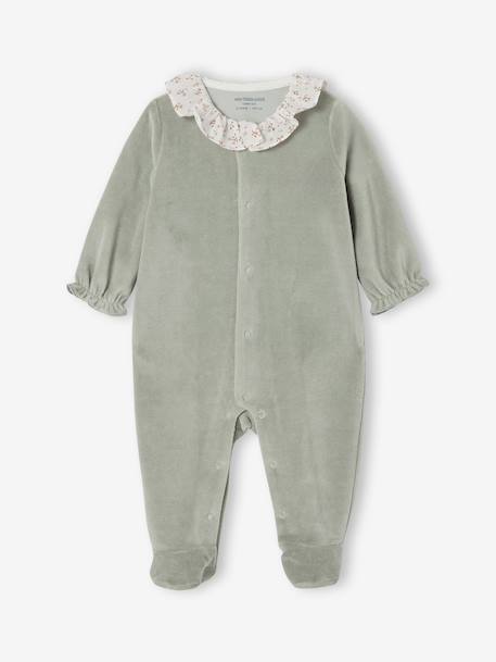 Pyjama bébé fille velours collerette imprimée rose poudré+vert sauge - vertbaudet enfant 