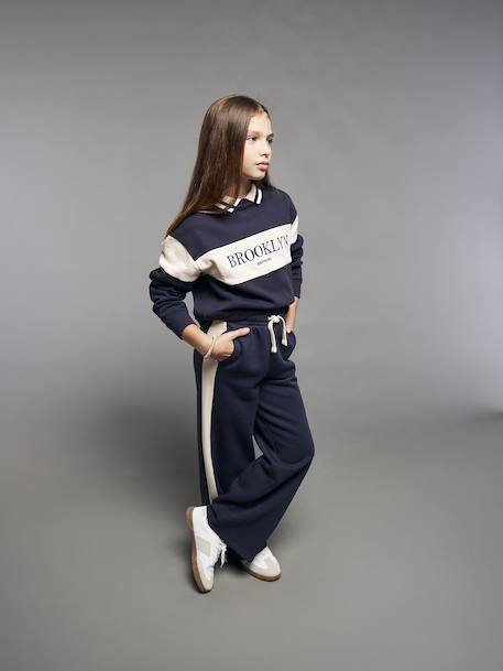 Pantalon jogging jambes larges fille bandes côtés marine - vertbaudet enfant 