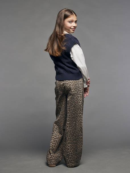 Wijde meisjessweater met luipaardprint JONEN beige - vertbaudet enfant 