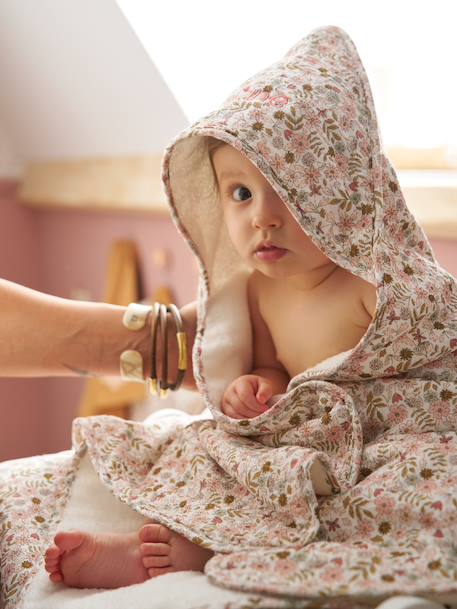 Bébé-Cape de bain gaze de coton personnalisable + gant de toilette FLORA