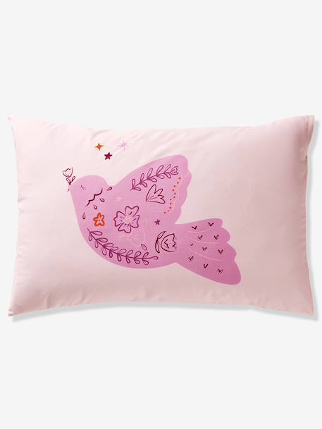 Parure housse de couette + taie d'oreiller enfant réversible BIRDY, avec coton recyclé rose poudré - vertbaudet enfant 