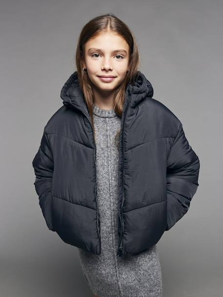 Doudoune fille courte à capuche noir - vertbaudet enfant 