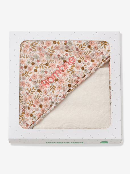 Cape de bain gaze de coton personnalisable + gant de toilette FLORA blanc imprimé - vertbaudet enfant 