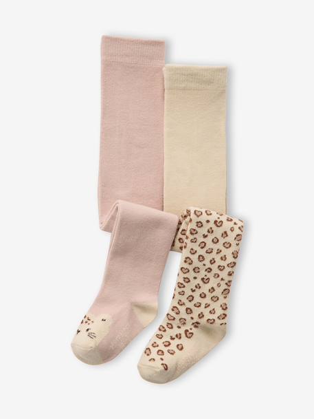 Lot De 2 Collants Bébé Fille A Motifs Léopard Un lot de 2 collants bébé fille à motifs léopard all over et à tête de léopard sur le dessus des pieds. rose poudré - vertbaudet enfant 