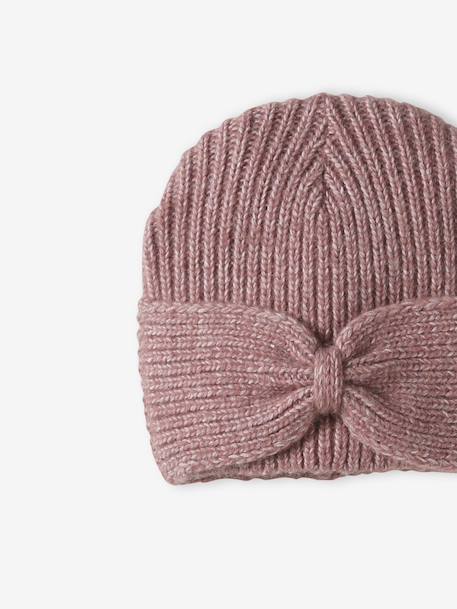 Bonnet fille en maille côtelée avec noeud fantaisie beige chiné+cannelle+vieux rose - vertbaudet enfant 