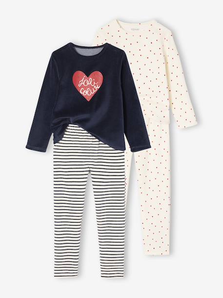 Set van 2 pyjama's fluweel / velours met hartjes voor meisjes ecru - vertbaudet enfant 