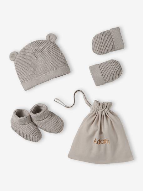 Bébé-Kit naissance bonnet, moufles et chaussons et son pochon personnalisable