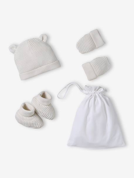 Kit naissance bonnet, moufles et chaussons et son pochon personnalisable beige chiné+écru+rose - vertbaudet enfant 