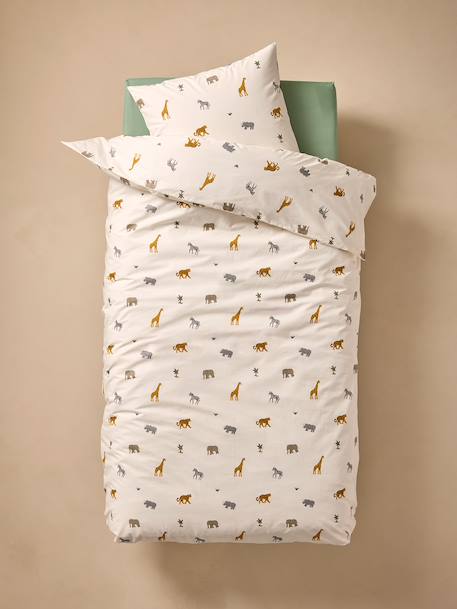 Bedset dekbedovertrek + kussensloop essentials voor kinderen WILD ANIMALS, met gerecycled katoen wit, bedrukt - vertbaudet enfant 