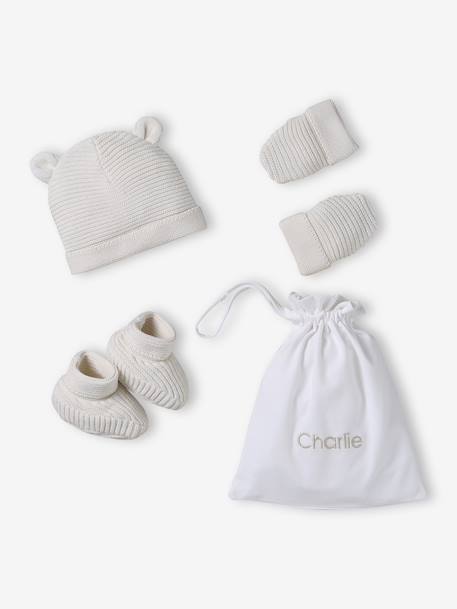 Kit naissance bonnet, moufles et chaussons et son pochon personnalisable beige chiné+écru+rose - vertbaudet enfant 