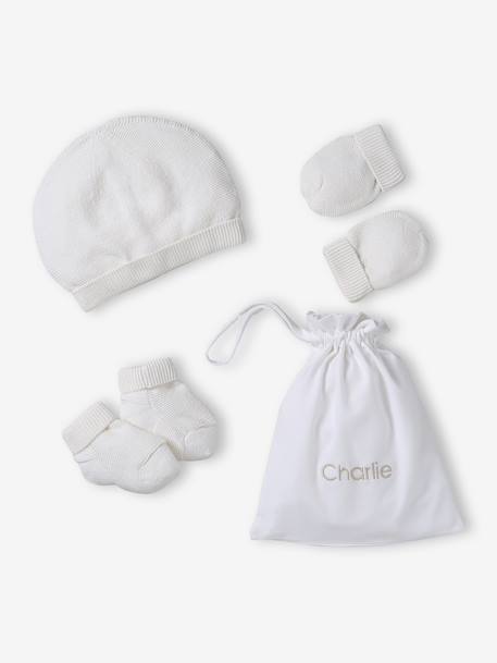 Bébé-Ensemble naissance bonnet, moufles et chaussons et son pochon personnalisable