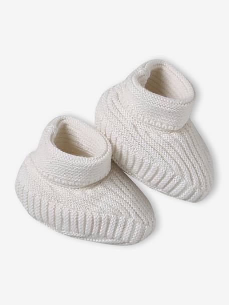 Kit naissance bonnet, moufles et chaussons et son pochon personnalisable beige chiné+écru+rose - vertbaudet enfant 