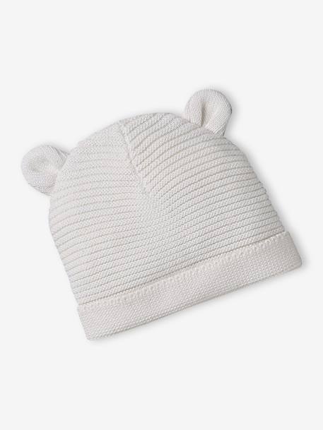 Kit naissance bonnet, moufles et chaussons et son pochon personnalisable beige chiné+écru+rose - vertbaudet enfant 