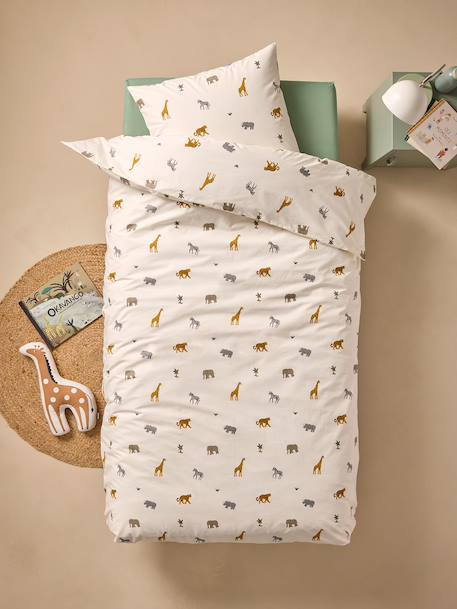 Parure housse de couette et taie d'oreiller enfant WILD ANIMALS blanc imprimé - vertbaudet enfant 