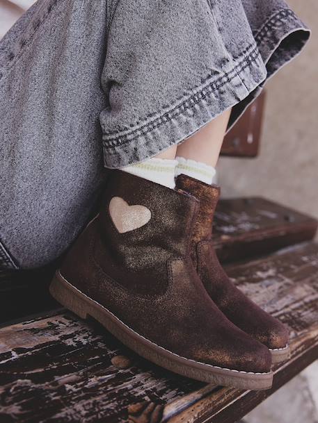 Leren laarzen met hartjesmotief kleutercollectie meisjes brons - vertbaudet enfant 