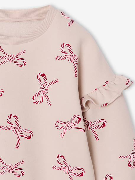 Sweat fille noël coeurs pailletés manches volantées écru+rose poudré - vertbaudet enfant 