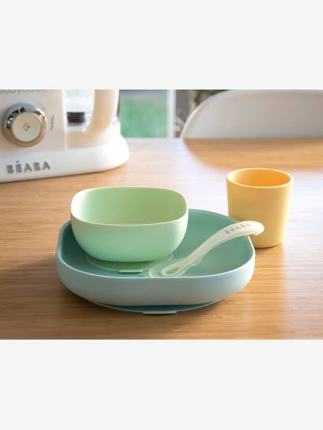 Set vaisselle 4 pièces silicone JAUNE+JUNGLE+NIGHT BLUE+ROSE+terracotta - vertbaudet enfant 