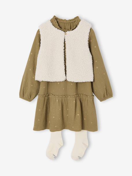 Ensemble fille 3 pièces robe gilet sherpa collant olive - vertbaudet enfant 