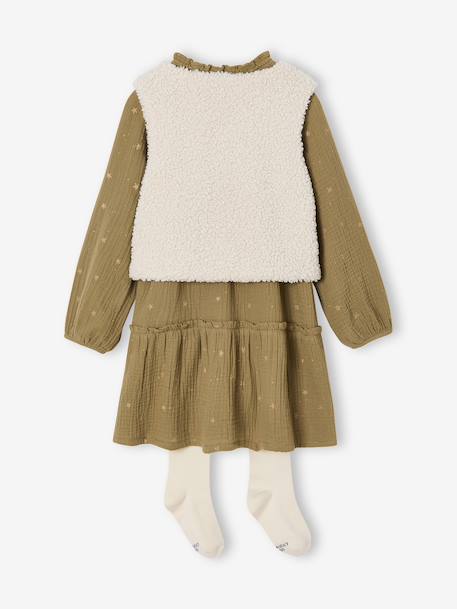 Ensemble fille 3 pièces robe gilet sherpa collant olive - vertbaudet enfant 
