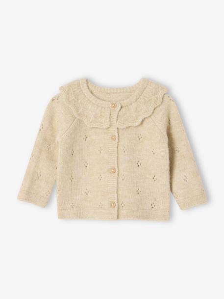 Bébé-Gilet naissance en tricot maille fantaisie avec col volanté