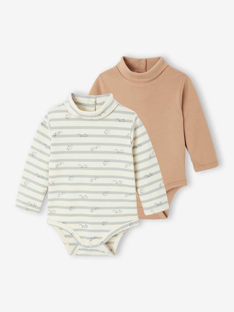 Set van 2 body's voor pasgeborenen in interlock 1 gestreept + 1 effen beige - vertbaudet enfant 