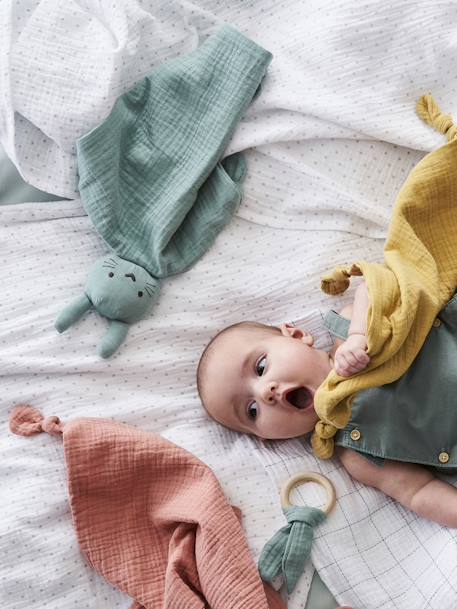 Knuffeldoekje + ronde rammelaar curry+GROEN - vertbaudet enfant 